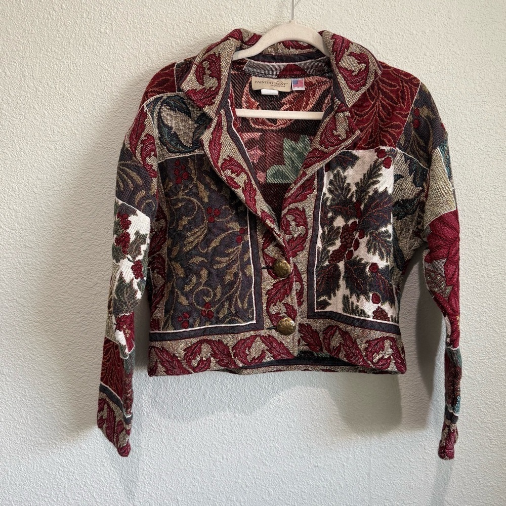 VTG Painted Pony Womens Medium Tapestry Jacket Holiday Cropped Floral Pinecone‎